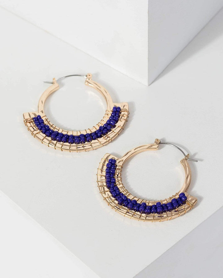 Navy Blue Side Beaded Hoop Earrings | Earrings