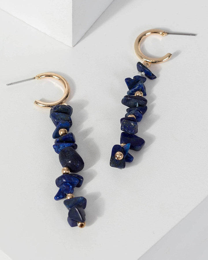 Navy Blue Stone Beaded Drop Huggie Earrings | Earrings
