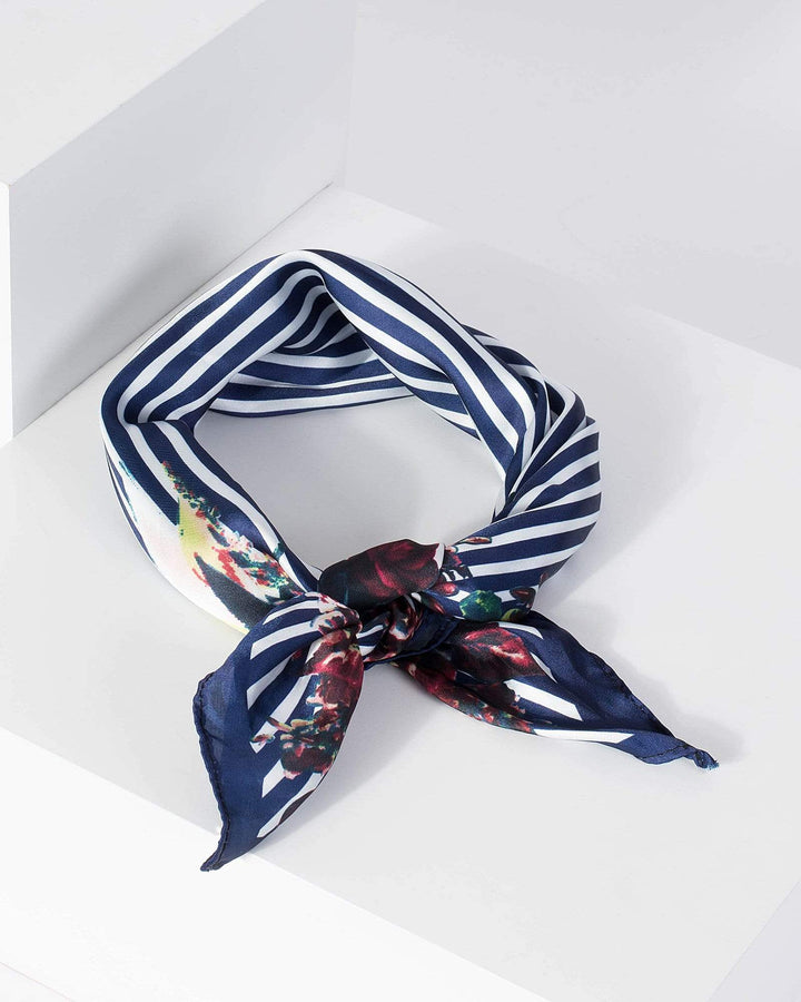 Navy Blue Stripe Floral Head Scarf | Accessories