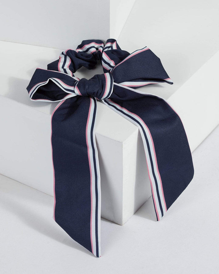 Navy Blue Stripe Scrunchie Bow | Accessories