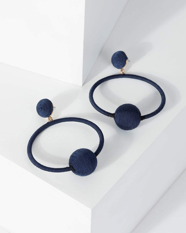 Navy Blue Thread Wrapped Circle Earrings | Earrings