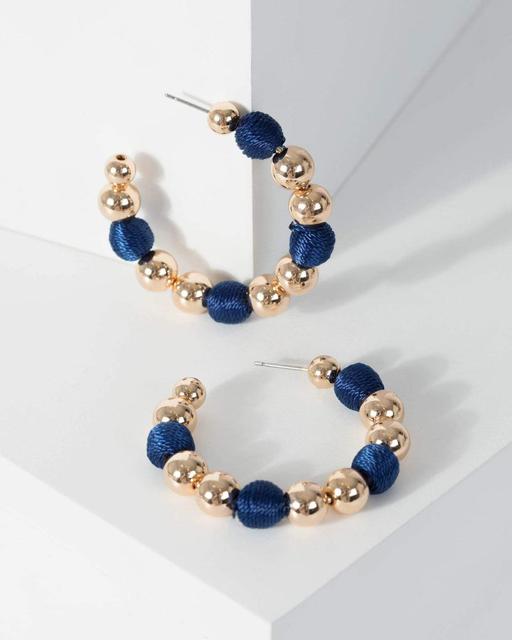 Navy Blue Wrapped Bead Hoop Earrings | Earrings