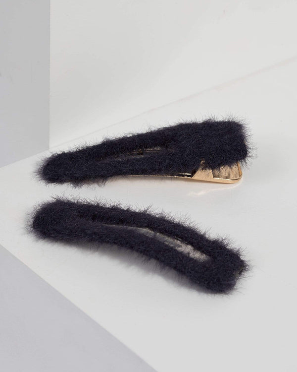 Navy Multi Fluffy Clips | Hair Accessories