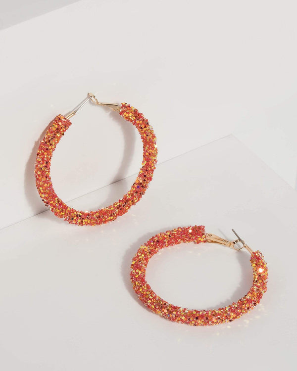Orange Glitter Encrusted Hoop Earrings | Earrings