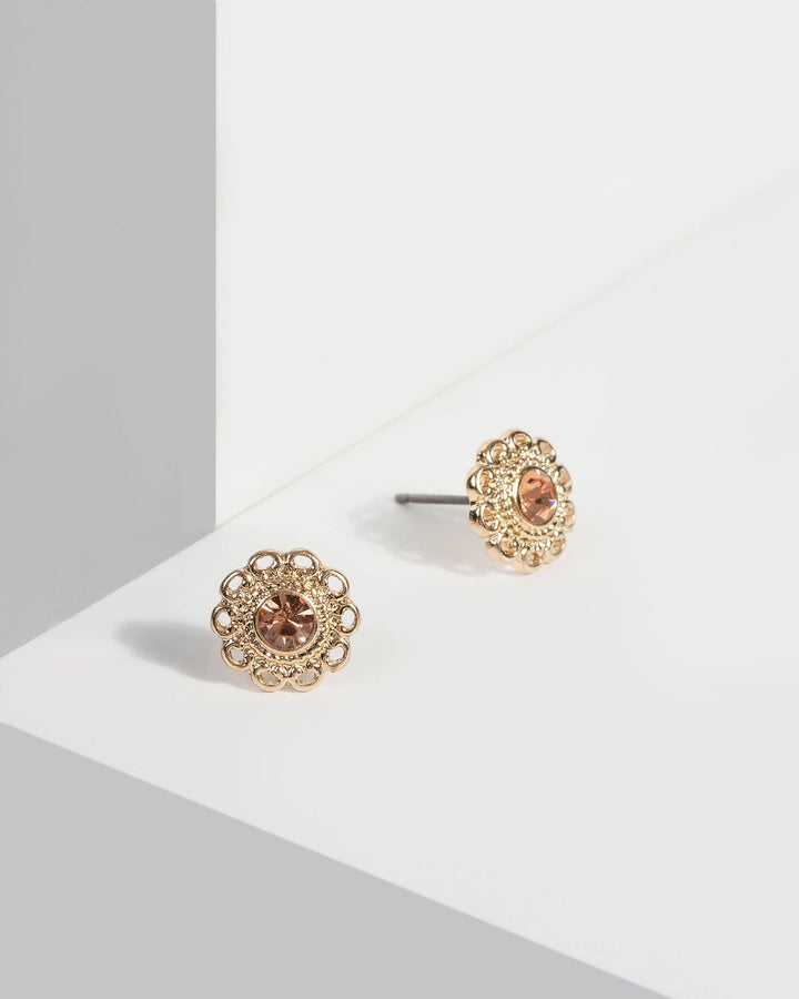 Peach Floral Crystal Stud Earrings | Earrings