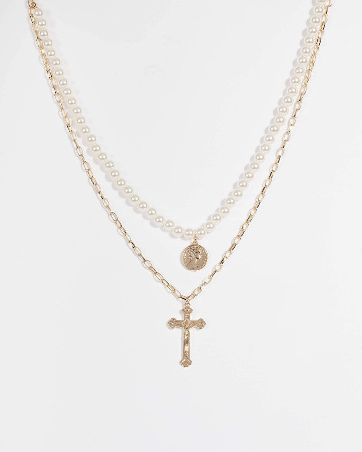 Pearl Beaded Cross Pendant Necklace | Necklaces