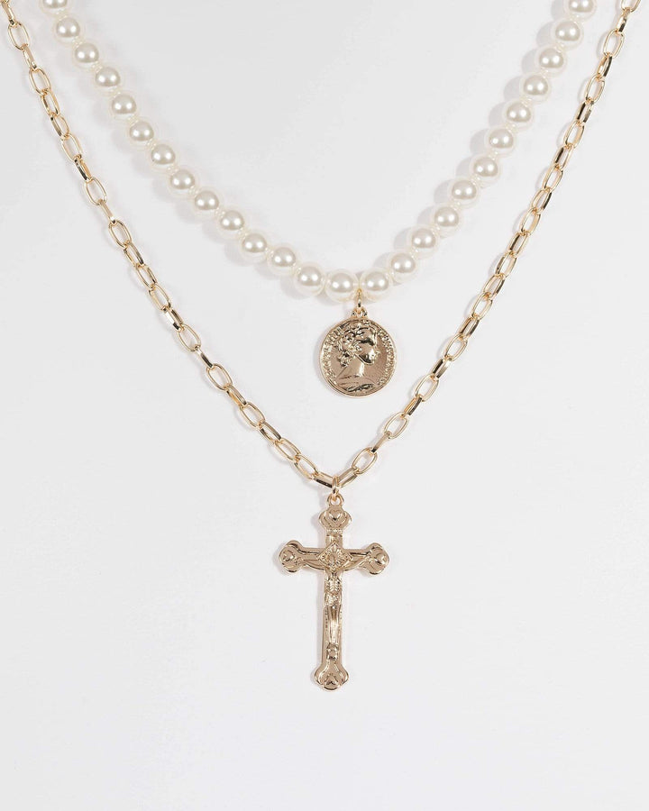 Pearl Beaded Cross Pendant Necklace | Necklaces