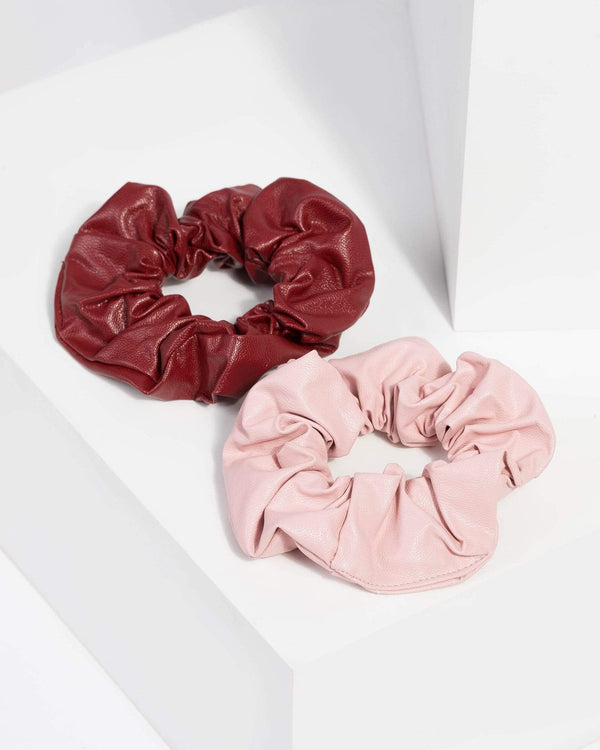 Pink and Burgundy Faux Leather Scrunchies | Hair Accessories