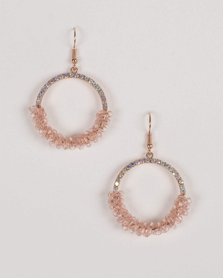 Pink and Diamante Beaded Circle Drop Earrings | Earrings