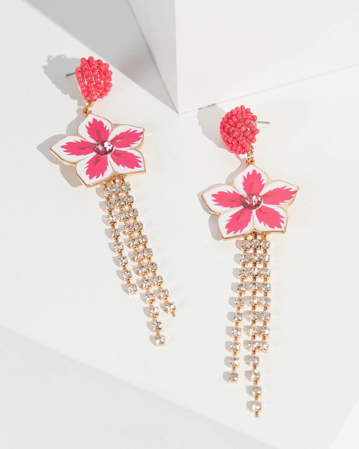 Pink Bead And Flower Drop Earrings | Earrings