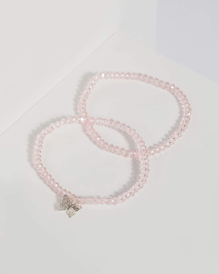 Pink Beaded Butterfly Bracelet Set | Wristwear