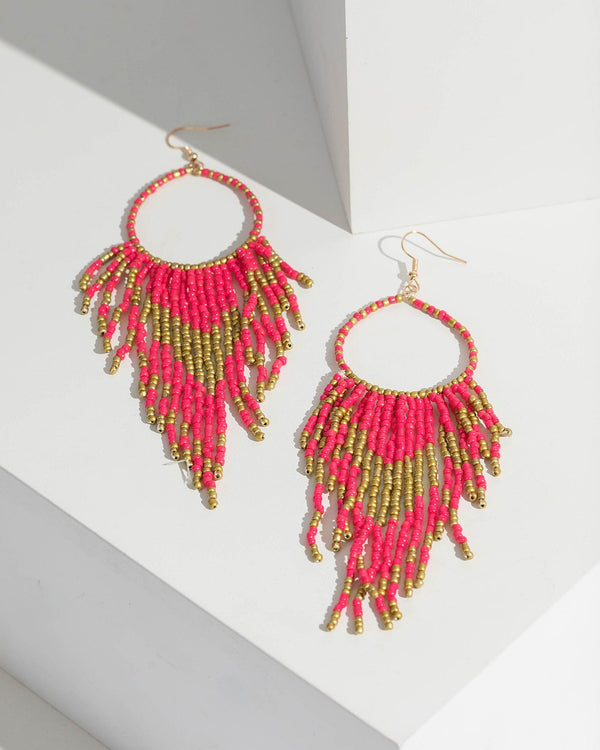 Pink Beaded Tassel Drop Earrings | Earrings