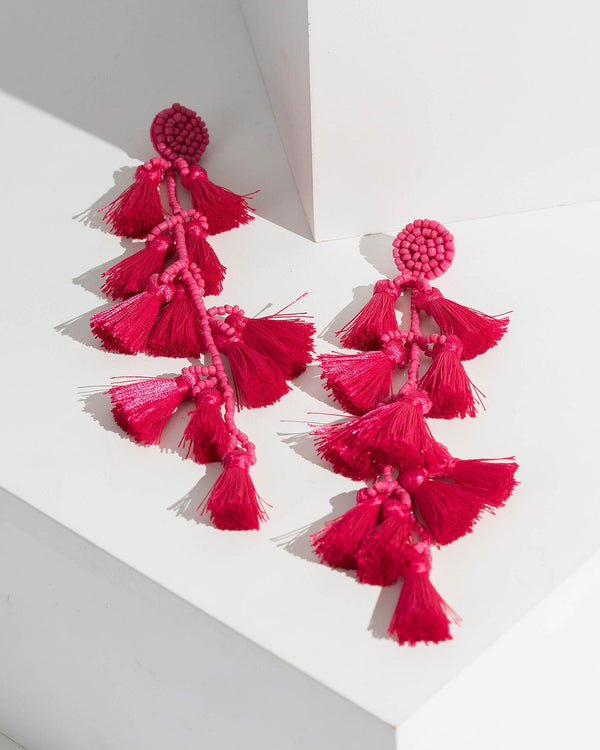 Pink Beaded Tassel Drop Statement Earrings | Earrings