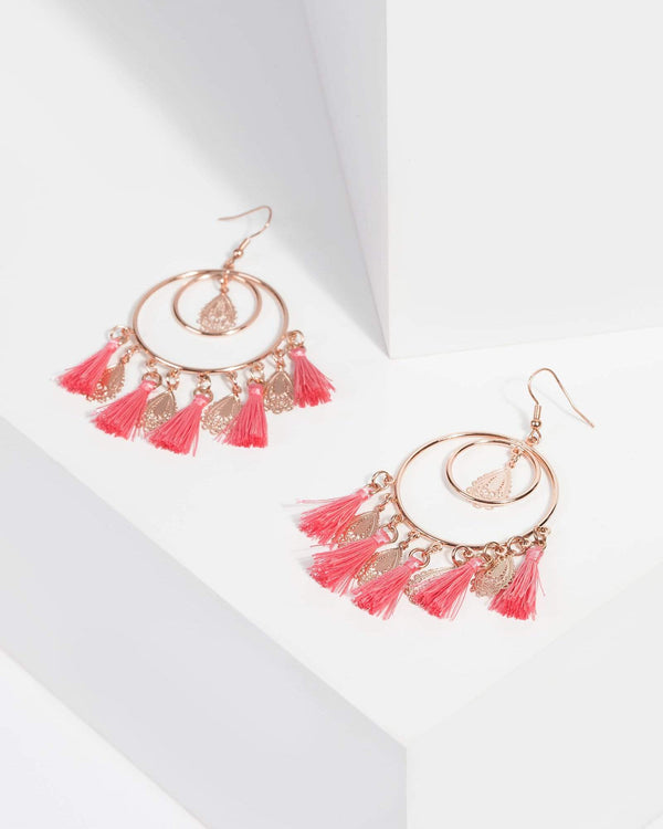 Pink Circle Filigree Tassel Drop Earrings | Earrings