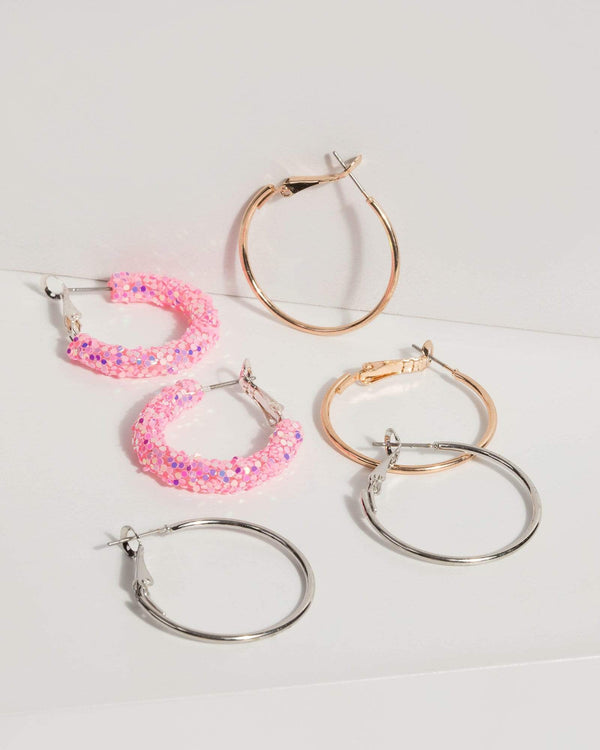 Pink Crushed Glitter Hoop Earring Set | Earrings