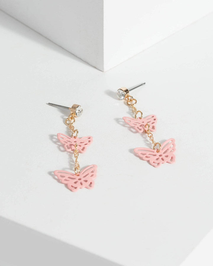 Pink Crystal 2 Butterfly Drop Earrings | Earrings