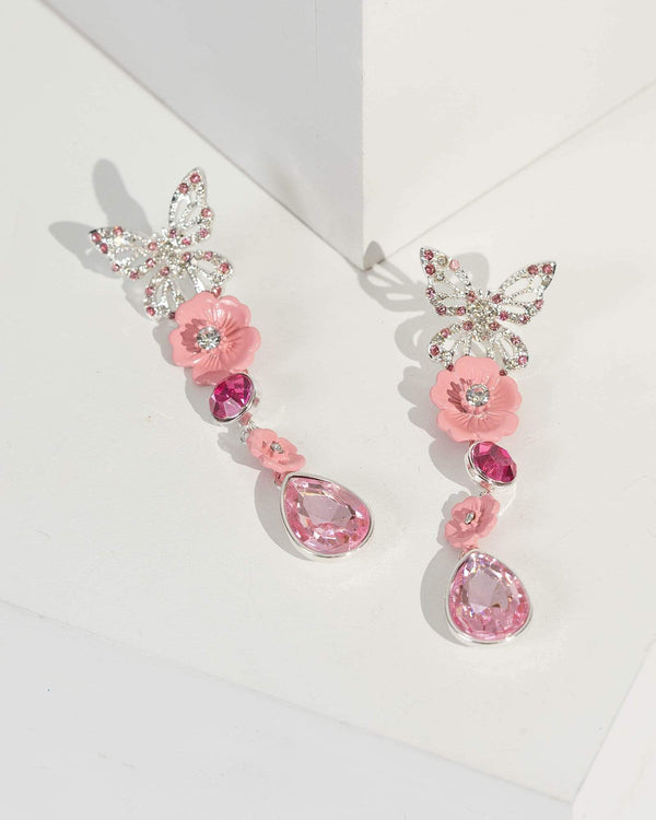 Pink Crystal Butterfly Detail Drop Earrings | Earrings