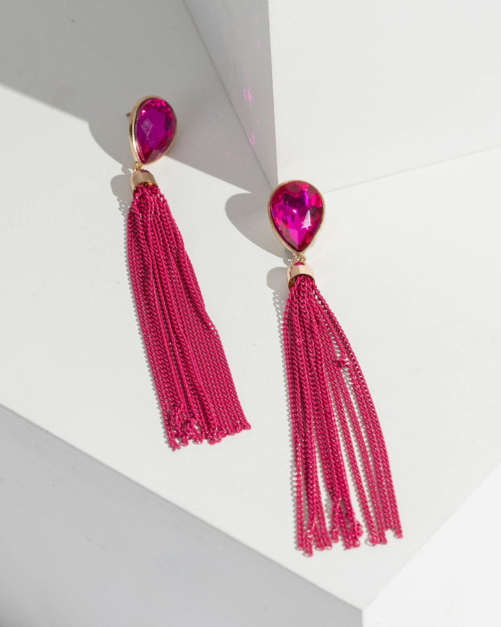 Pink Crystal Chain Tassel Drop Earrings | Earrings