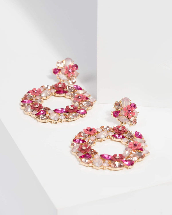 Pink Crystal Floral Wreath Hoop Earrings | Earrings