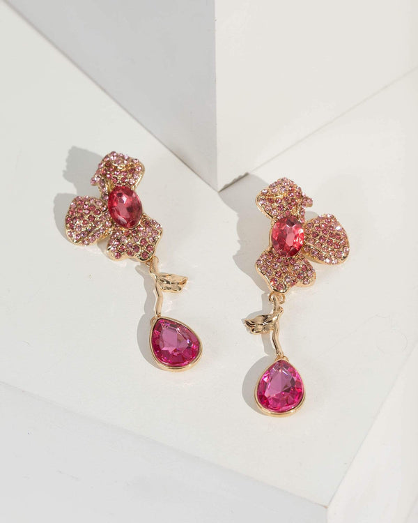 Pink Crystal Flower Detail Drop Earrings | Earrings