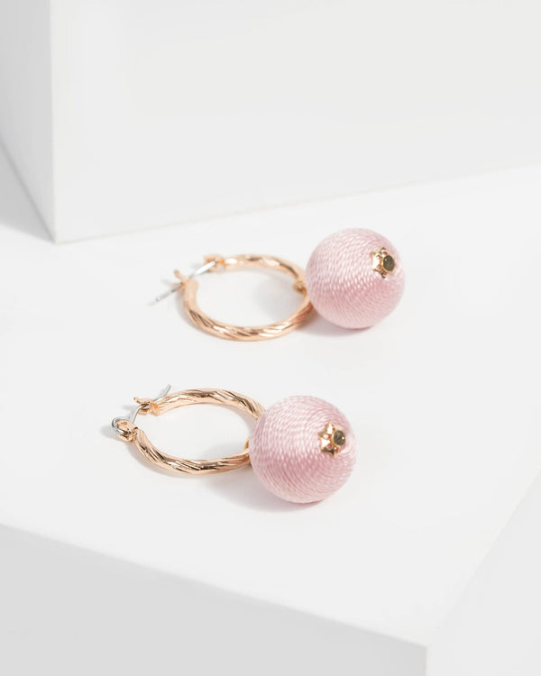 Pink Fabric Ball Detail Hoop Earrings | Earrings