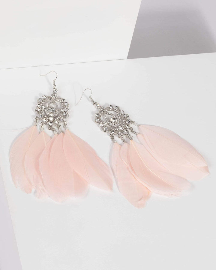 Pink Feather Crystal Drop Earrings | Earrings