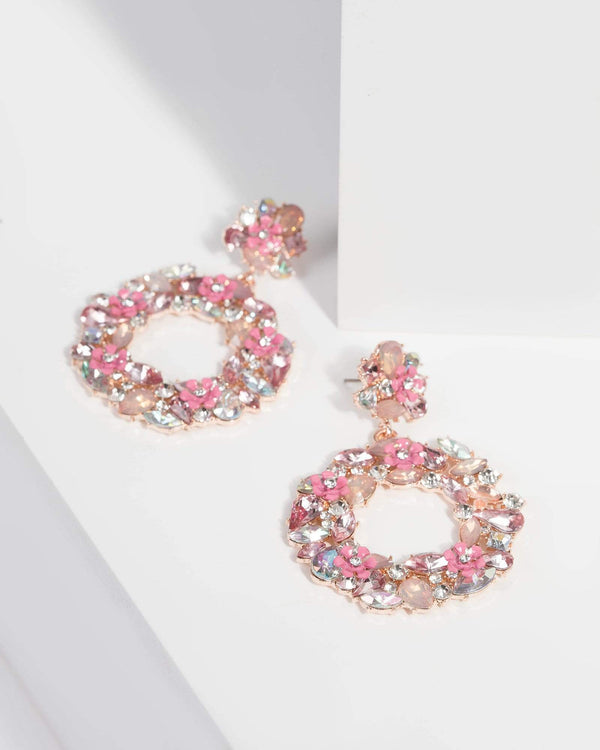 Pink Floral Crystal Encrusted Drop Earrings | Earrings