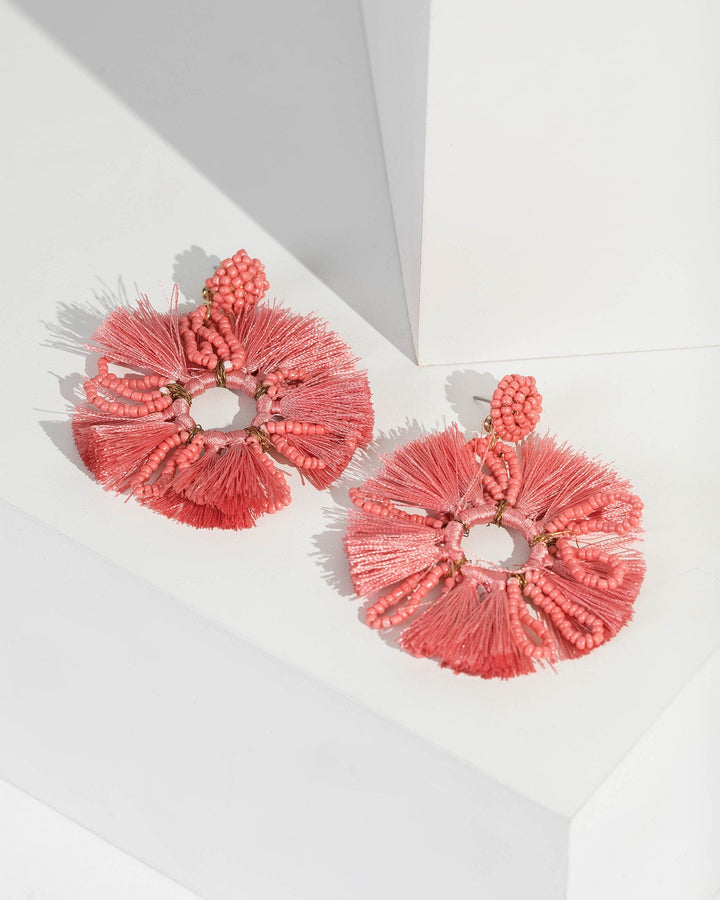 Pink Flower Bead & Tassel Drop Earrings | Earrings