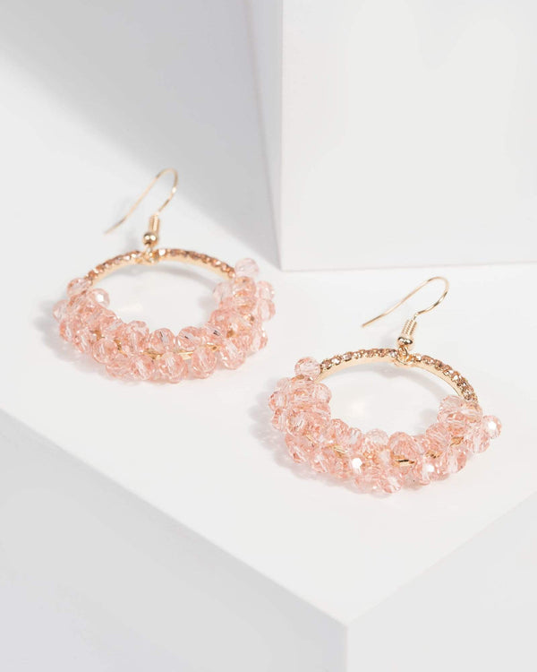 Pink Half Crystal Beaded Hoop Earrings | Earrings