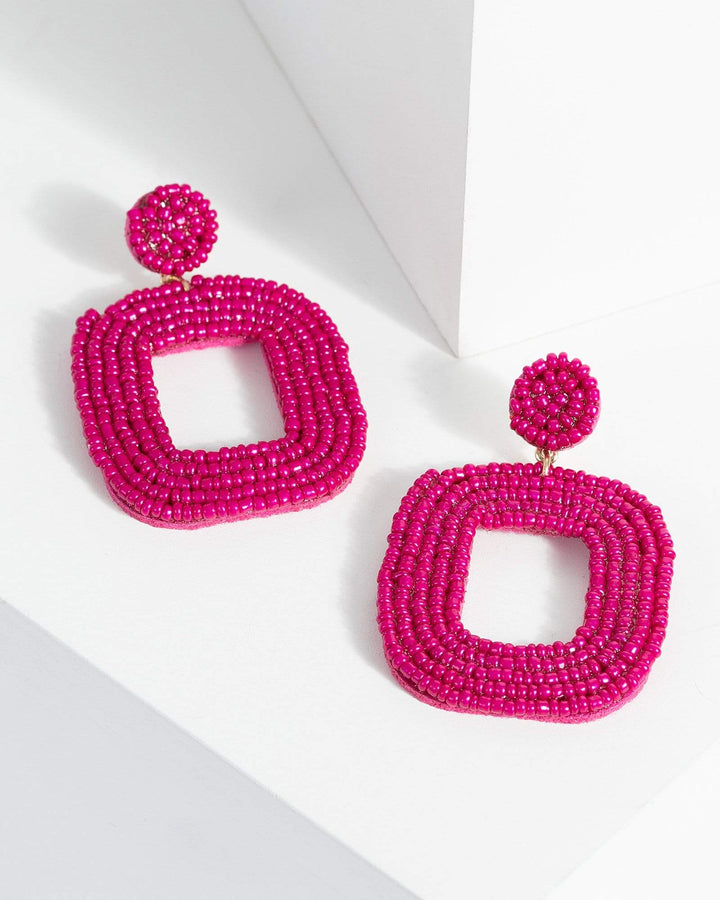 Pink Large Beaded Rectangle Drop Earrings | Earrings
