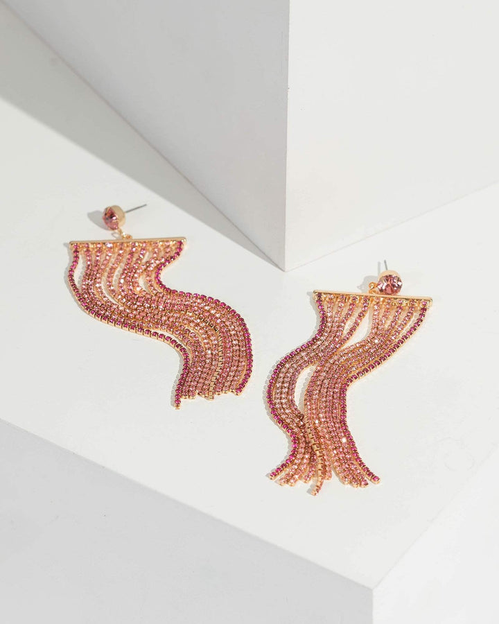 Pink Long Multi Crystal Row Bar Drop Earrings | Earrings