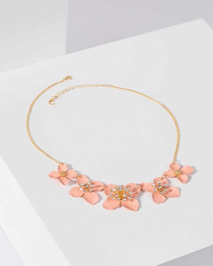 Pink Metal Crystal Flower Necklace | Necklaces