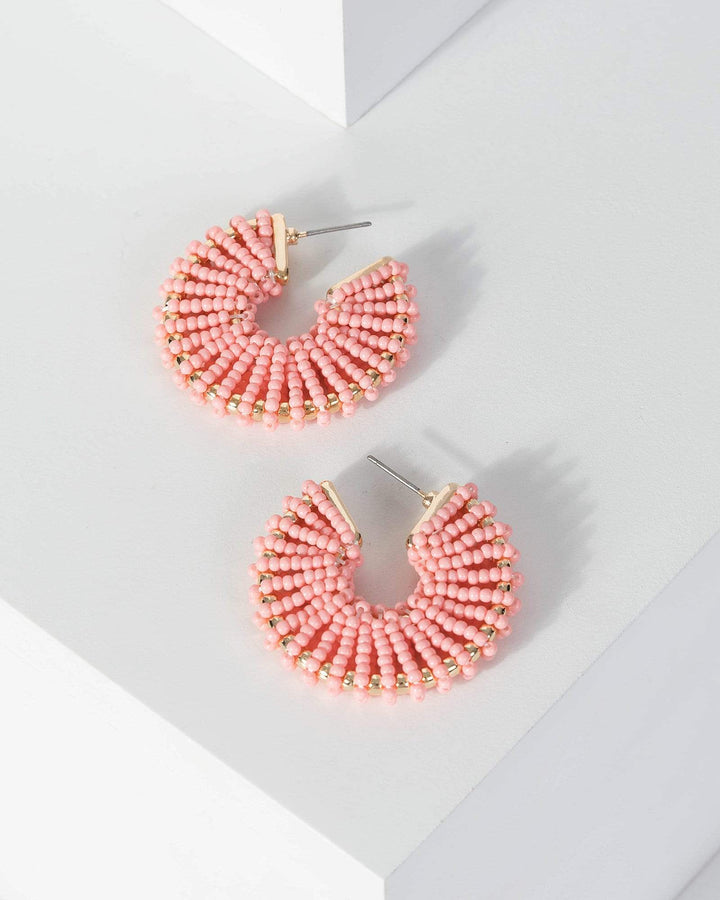 Pink Multi Beaded Row Detail Hoop Earrings | Earrings