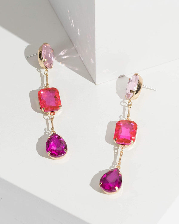 Pink Multi Crystal And Drop Bar Earrings | Earrings