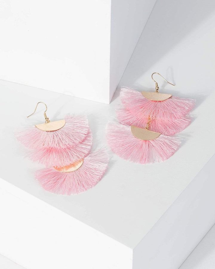 Pink Multi Layer Tassel Fan Drop Earrings | Earrings