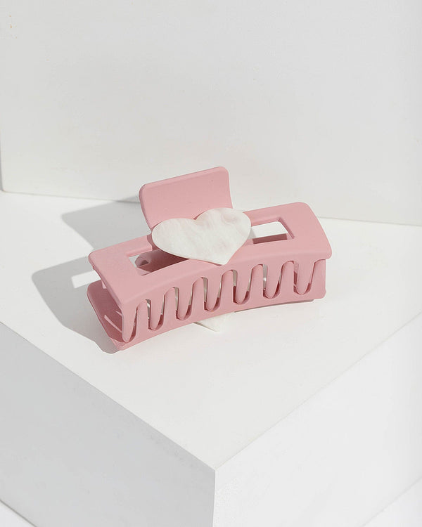 Pink Rectangle Heart Detail Claw Clip | Hair Accessories