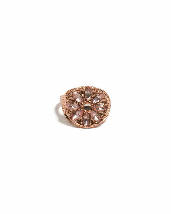 Colette by Colette Hayman Pink Rose Gold Tone Navette Stone Flower Ring - Large