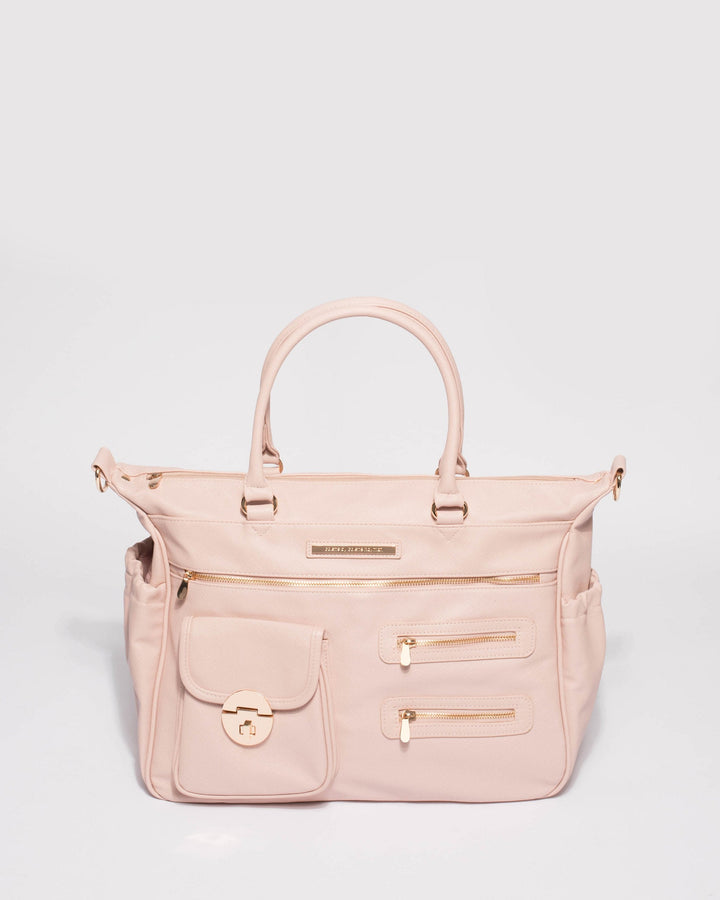 Pink Saffiano Pocket And Zip Baby Bag With Gold Hardware | Baby Bags