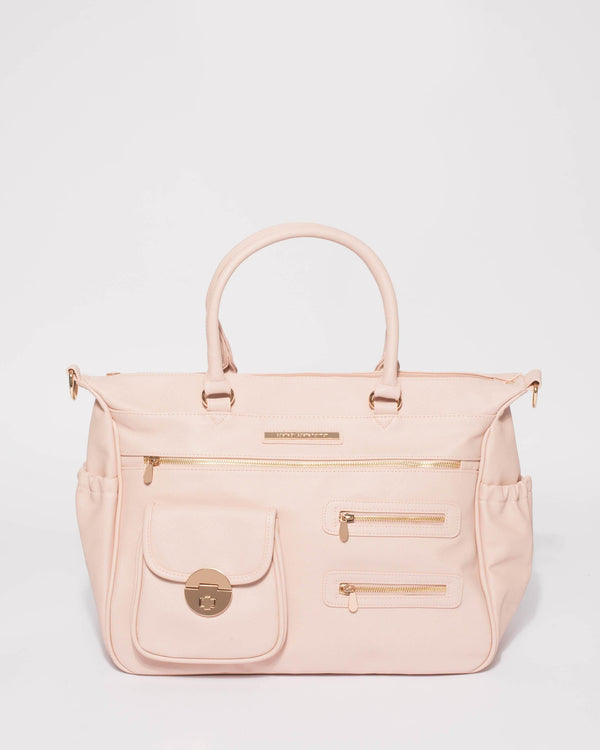 Pink Saffiano Pocket And Zip Baby Travel Bag With Gold Hardware | Baby Bags