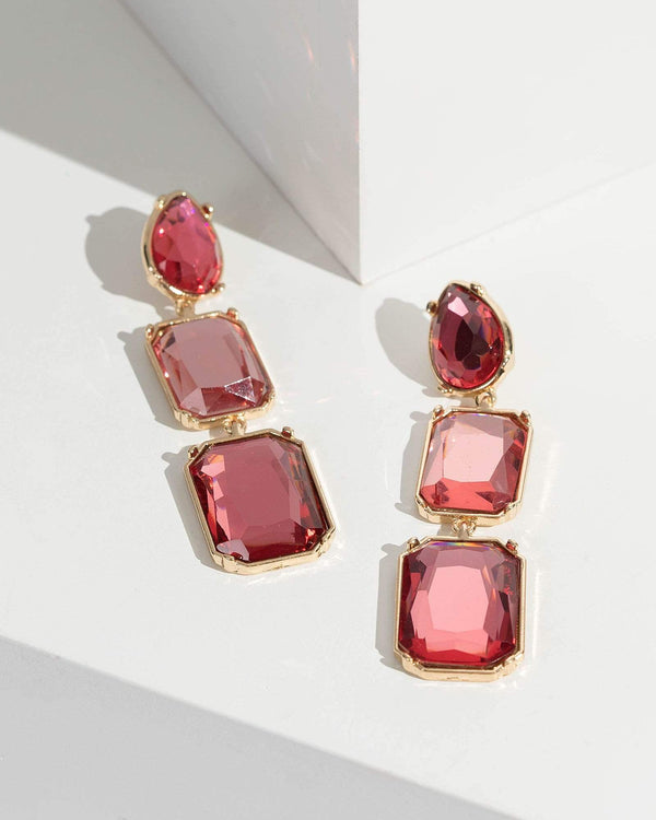 Pink Three Row Crystal Drop Earrings | Earrings