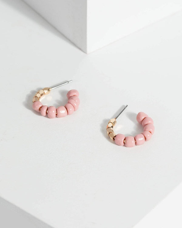 Pink Two Tone Beaded Huggie Earrings | Earrings