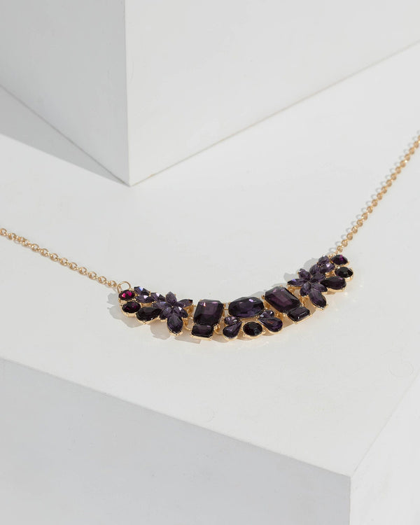 Purple Crystal Cluster Detail Drop Necklace | Necklaces