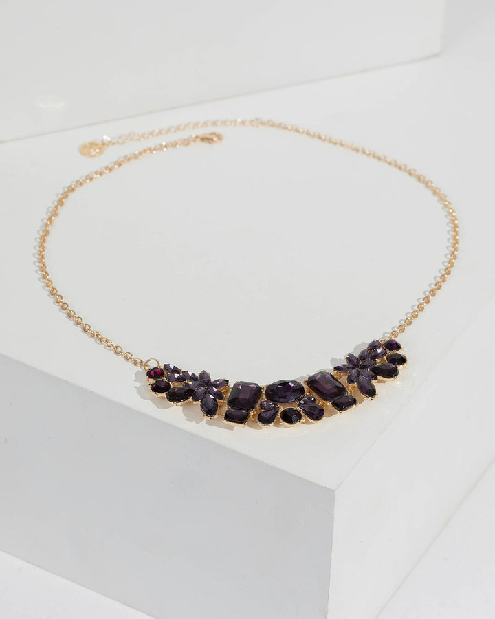 Purple Crystal Cluster Detail Drop Necklace | Necklaces