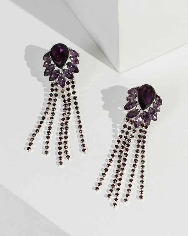 Purple Crystal Detail And Tassel Drop Earrings | Earrings