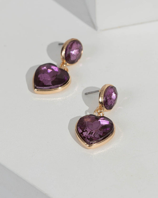 Purple Crystal Love Heart Drop Earrings | Earrings