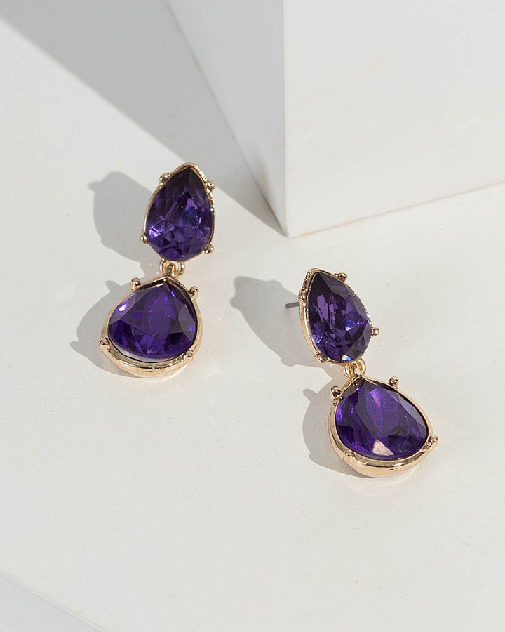Purple Double Crystal Teardrop Drop Earrings | Earrings