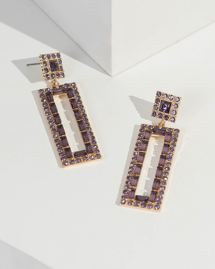Purple Long Crystal Square Double Drop Earrings | Earrings
