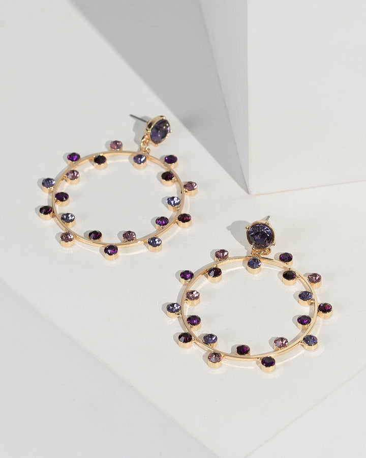 Purple Multi Crystal Detail Round Drop Earrings | Earrings