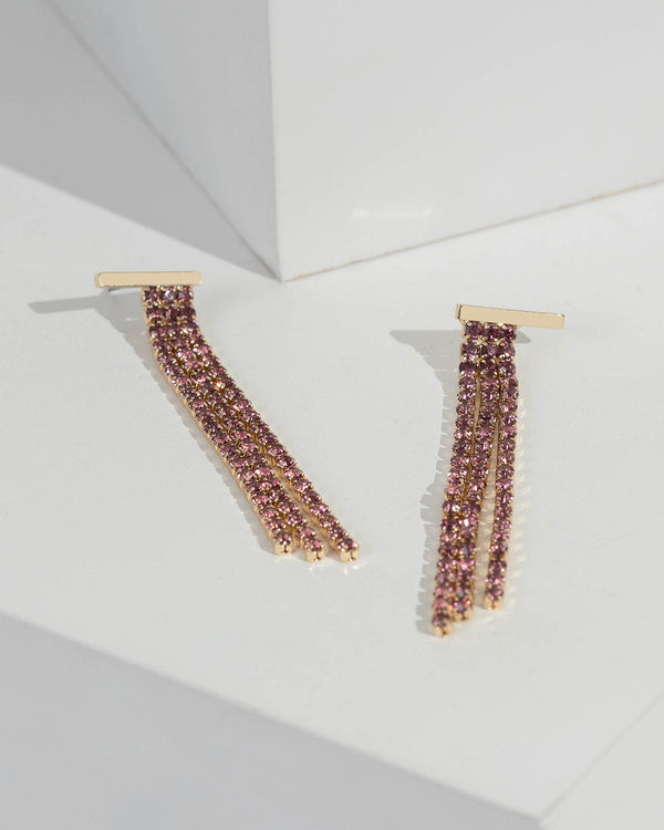 Purple Multi Crystal Drop Row Drop Earrings | Earrings