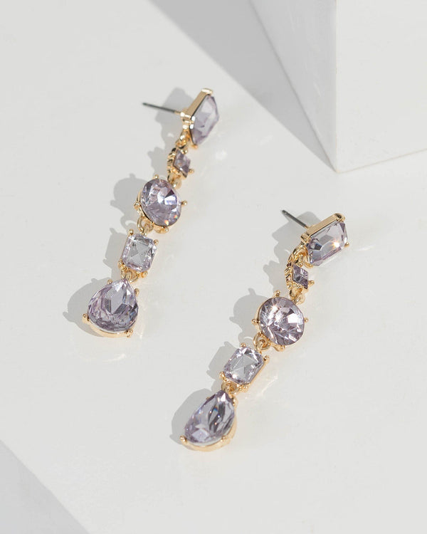 Purple Multi Crystal Shape Long Drop Earrings | Earrings
